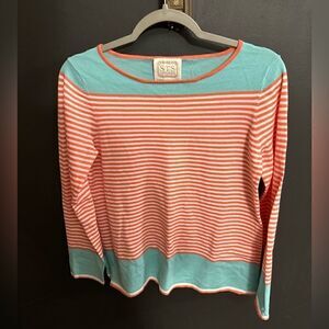 Sail to Sable $198 Coral Aqua Striped Cotton Blend Long Sleeves Sweater Small